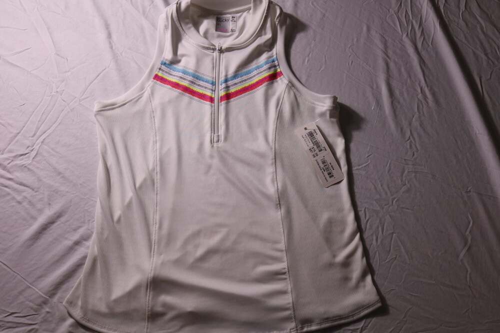 Lucky in Love Women's Pink and Blue Chevron Stripe 1/4 Zip Sleeveless Tennis Tan